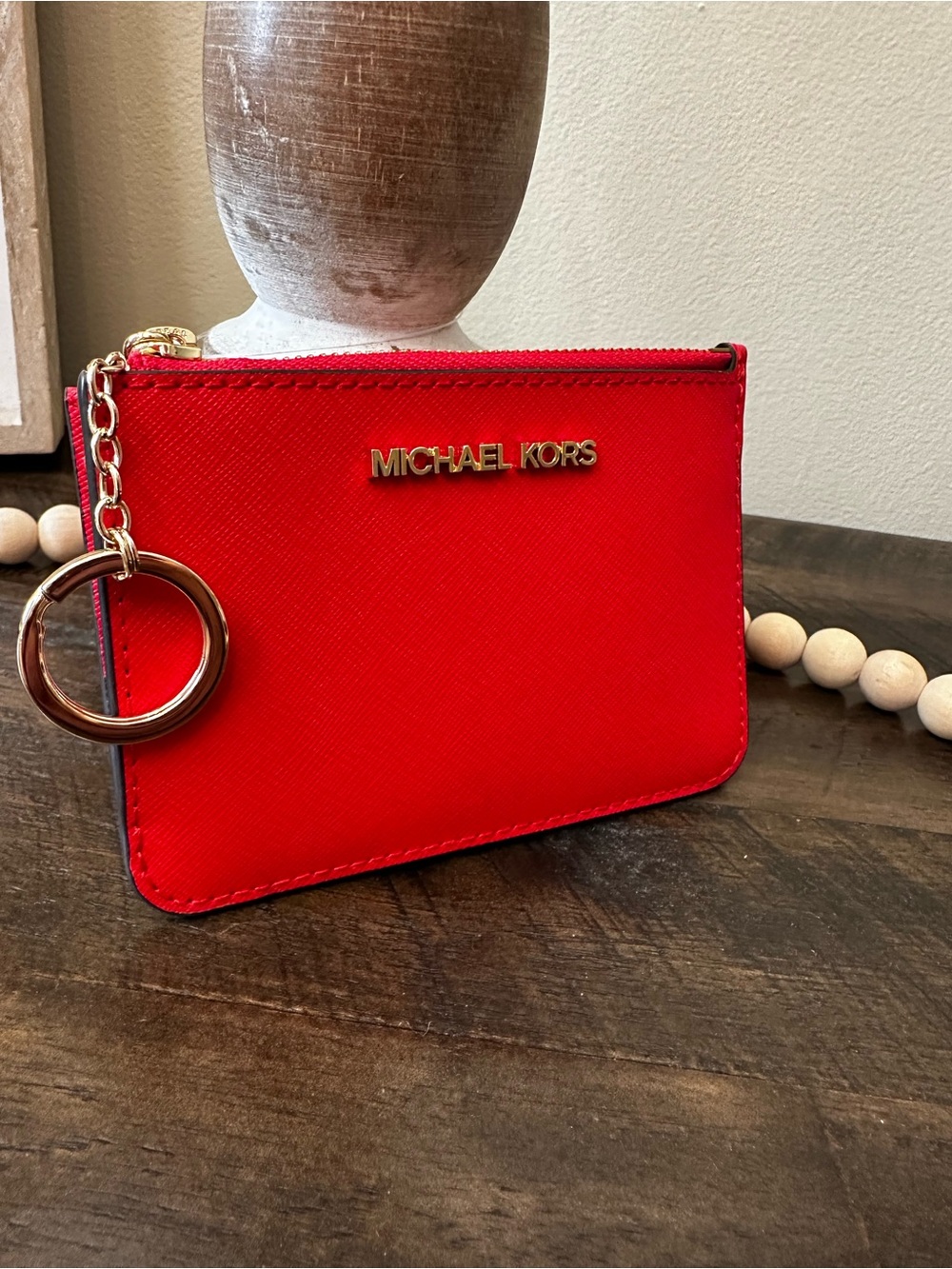 Michael Kors Red Card Holder Wristlet Zip Pouch Gold Hardware - Picture 2 of 9